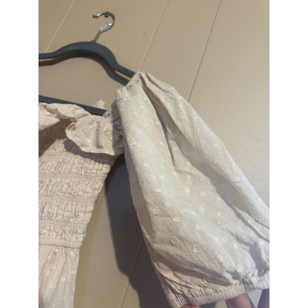 WHITE XS Swiss Dot Smocked Off Shoulder Maxi Dress Cottagecore Boho Prairie - Picture 5 of 10